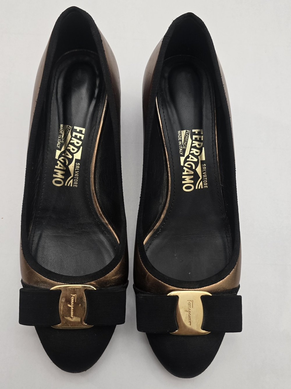 Salvatore Ferragamo Black and Bronze Vara Bow Pumps